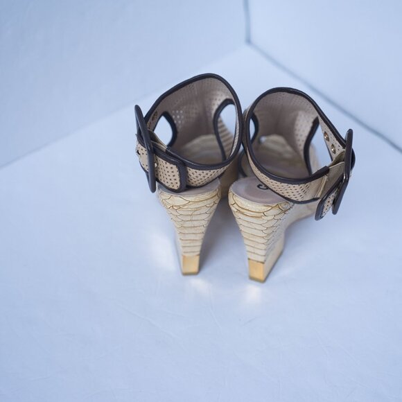 Glossi Perforated Leather Ankle Buckle Wedge Peep Toe Sandals - Picture 4 of 10